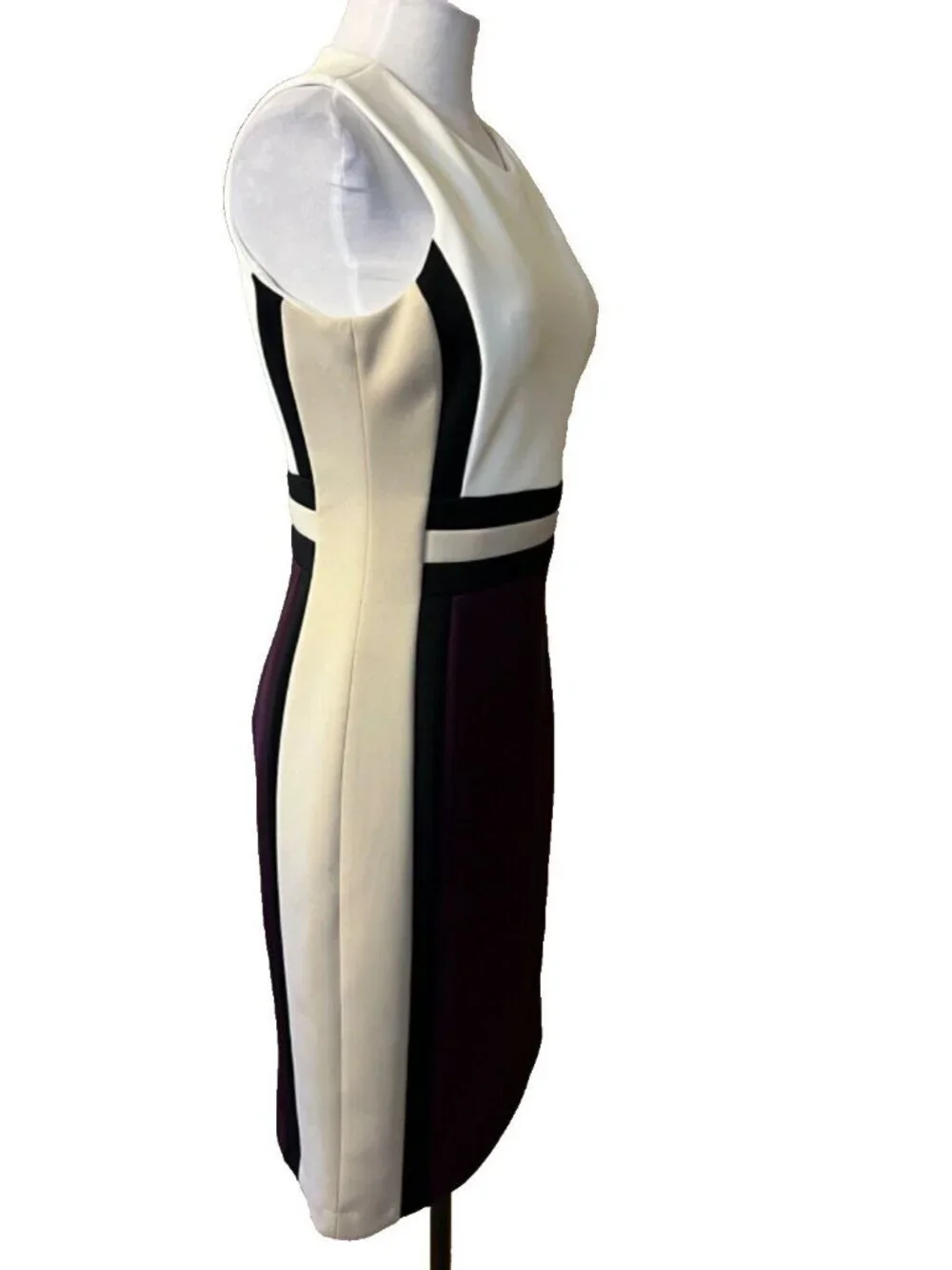 Calvin Klein Dress 8 Black Tan Plum Ivory Stretch Scuba Career Church